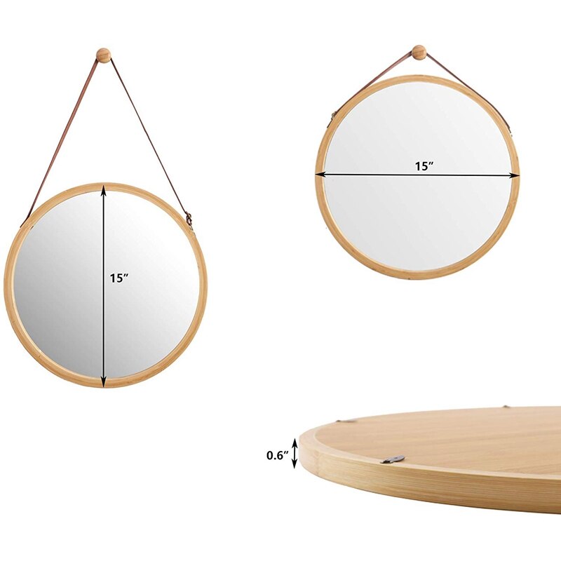 ! Hanging Round Wall Mirror in Bathroom & Bedroom - Solid Bamboo Frame & Adjustable Leather Strap