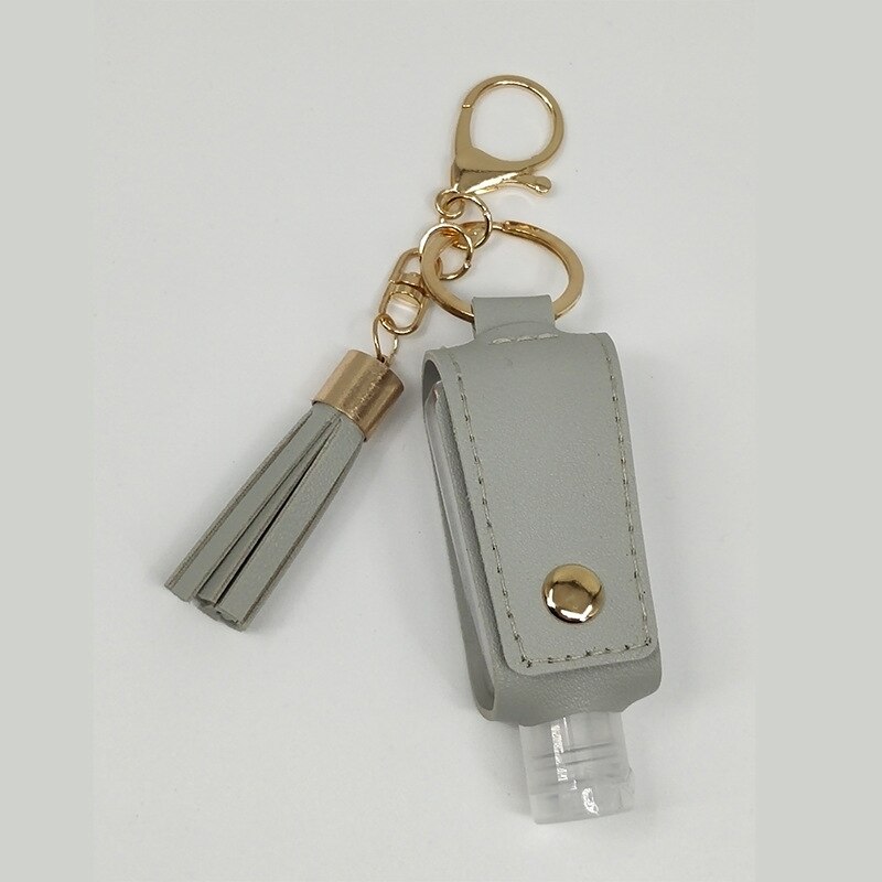Mini bouteille de Gel hydroalcoolique Portable 30ml, étui de désinfectant pour les mains, étui en cuir, porte-clés de santé: Gris clair
