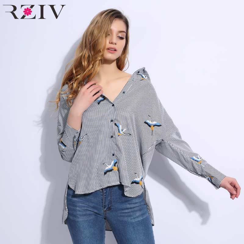 RZIV Lente vrouwen shirt blouse casual gestreepte shirt losse geborduurd overhemd top