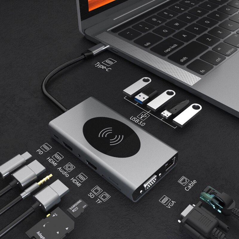 14 in 1 USB C Hub Dual Hdmi Rj45 Vga Wireless Charging USB Hub 3.0 Adapter Dock for Pro USB Splitter