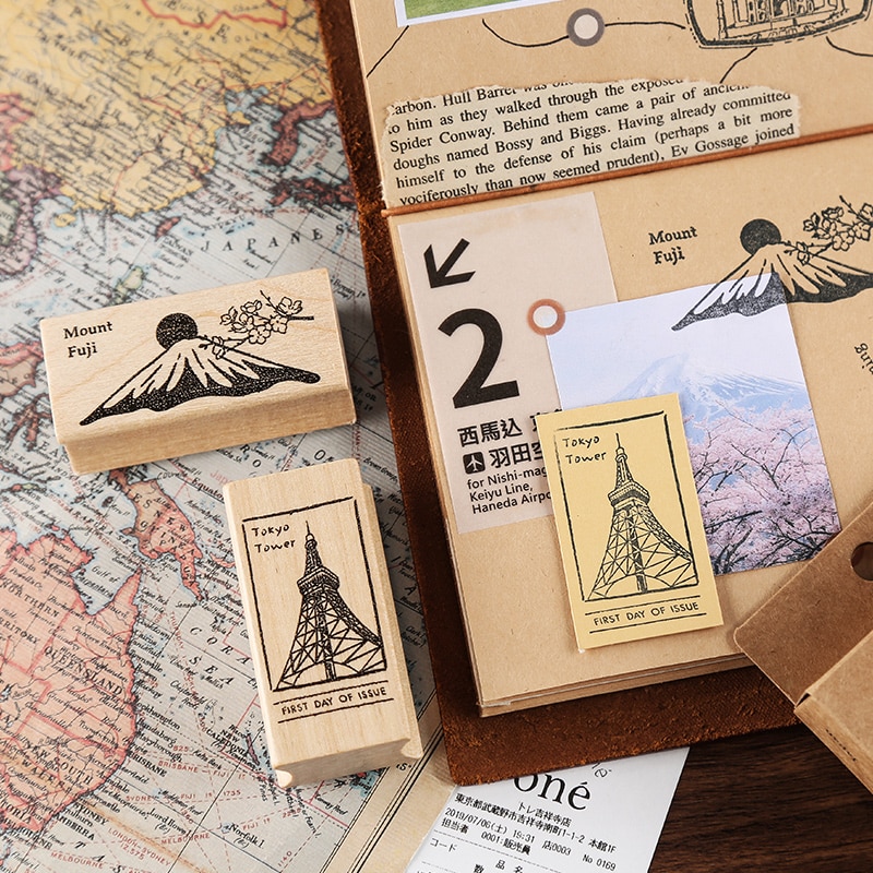Tampons de voyage Vintage, tampons de voyage dans le monde, tampons en caoutchouc, tampons en bois, tampons standard, pour papeterie scrapbooking, DIY bricolage, 2 pièces/ensemble