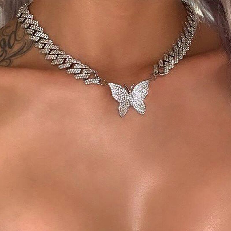 12mm Iced Out Bling cz Miami Cuban Link Chain Butterfly Necklace choker 2Row AAAA cz Bling Bling necklace women Hip Hop jewelry