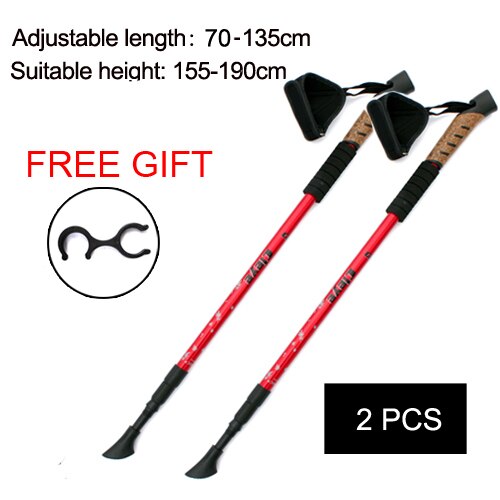 1/ 2Pcs Nordic Trekking Hiking Poles Walking Sticks Telescopic Baton Ultra Walking Canes With Rubber Tips Adjustable Bands: 2 pcs red
