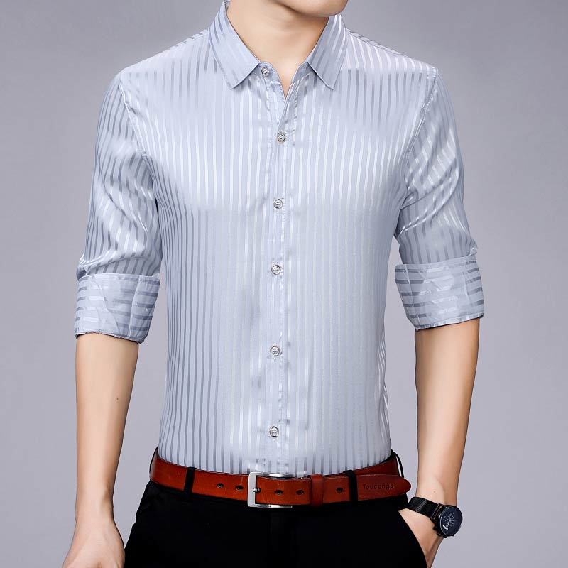 Chemise à manches longues pour homme, streetwear, décontracté, à rayures, slim, coupe régulière, à la , , 90309: Gris / XXXL