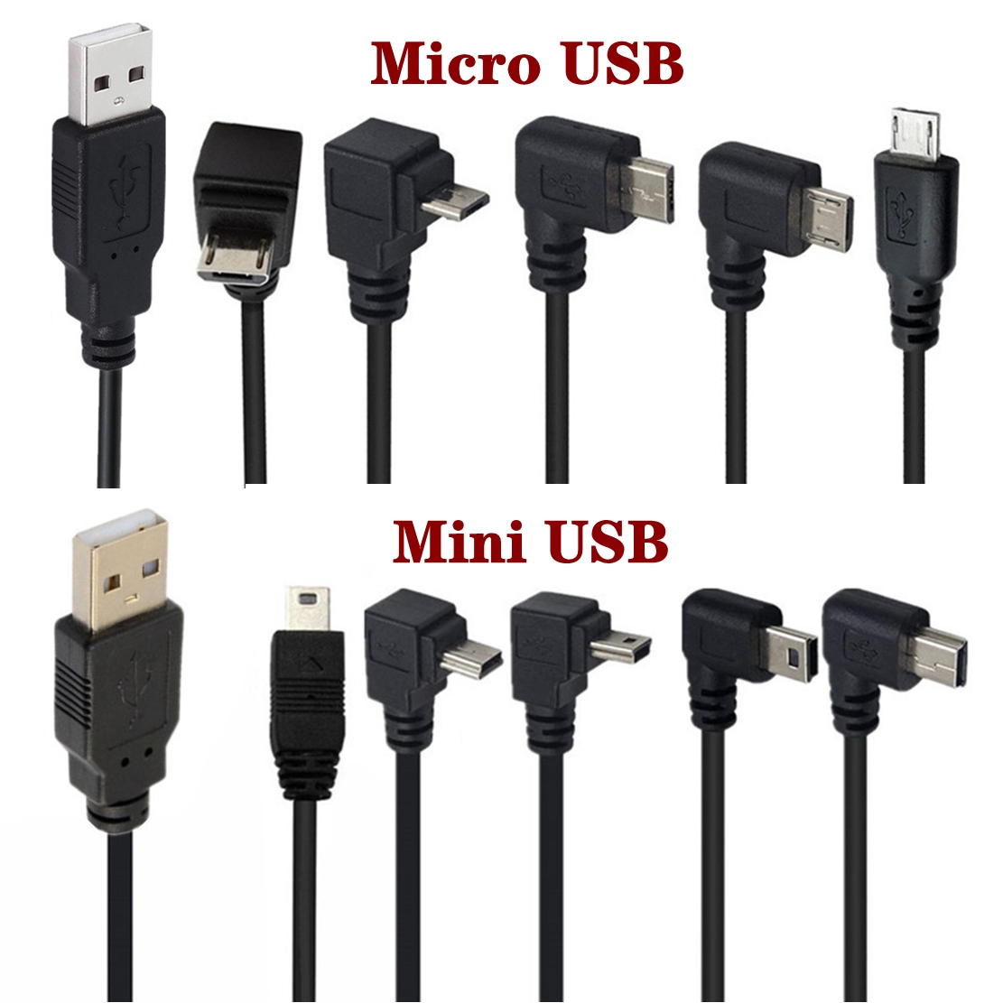 Micro USB/Mini USB 5-pins mannelijke naar USB mannelijke adapter, 90 graden dubbele bocht (omhoog/omlaag/links/rechts), korte kabel 25CM/1M/3M/5M
