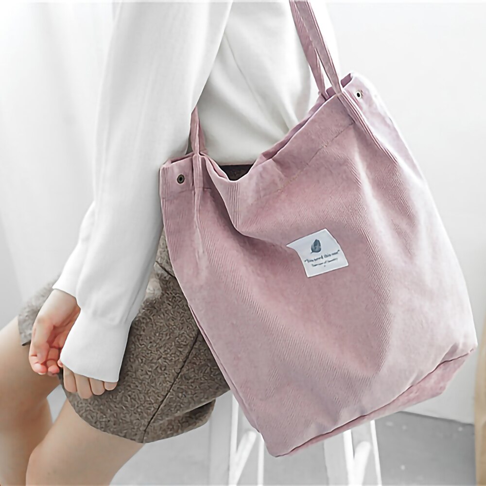 Bolso de pana para mujer, bolsa de compras de tela de lona, bolsa de lona ecológica, bolso de hombro de algodón de gran capacidad, bolsa de compra reutilizable: pink
