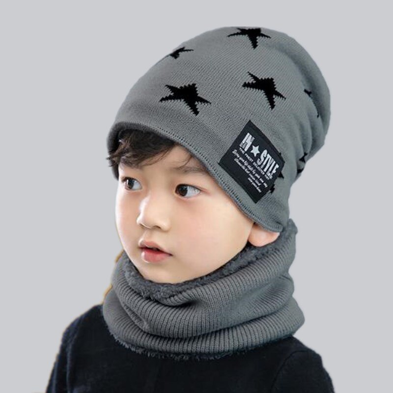 Forældre barn udendørs 2 stk super varm vinter balaclava uld huer strik hue og tørklæde til 3-12 år pige drenge hatte: Mørkegrå