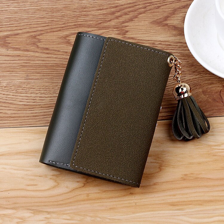 Women Purse Tassels Small Tri-Fold Short Wallet Purse Students Wallet Leather Coin Purse Wallets Card Holder: Blackish Green