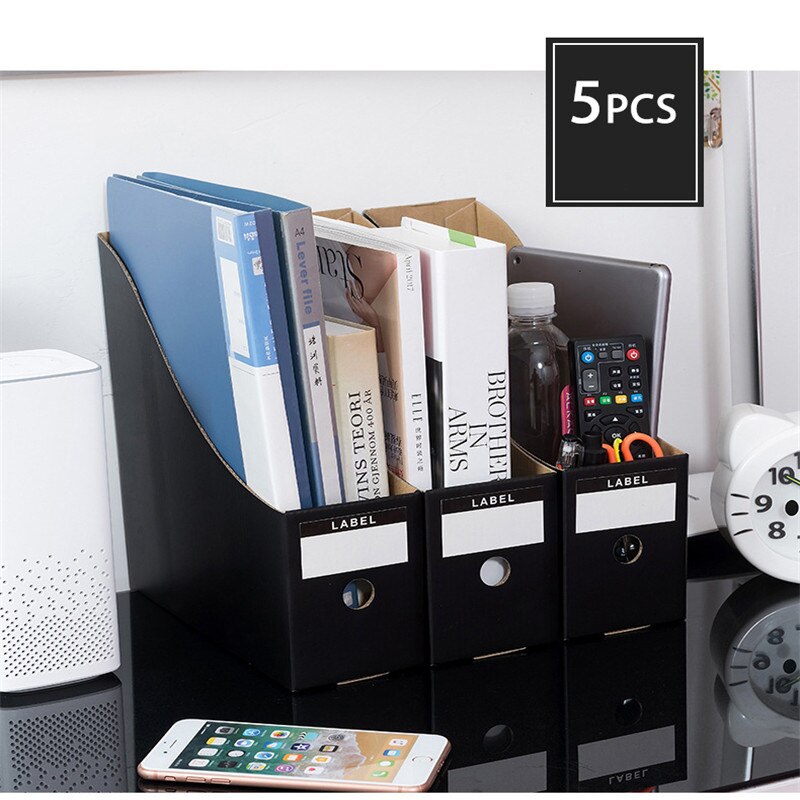 5Pcs/Set File Book Holder School Foldable Desk Organiser Office Letter Magazine Document Storage Cardboard Box Stationery Black