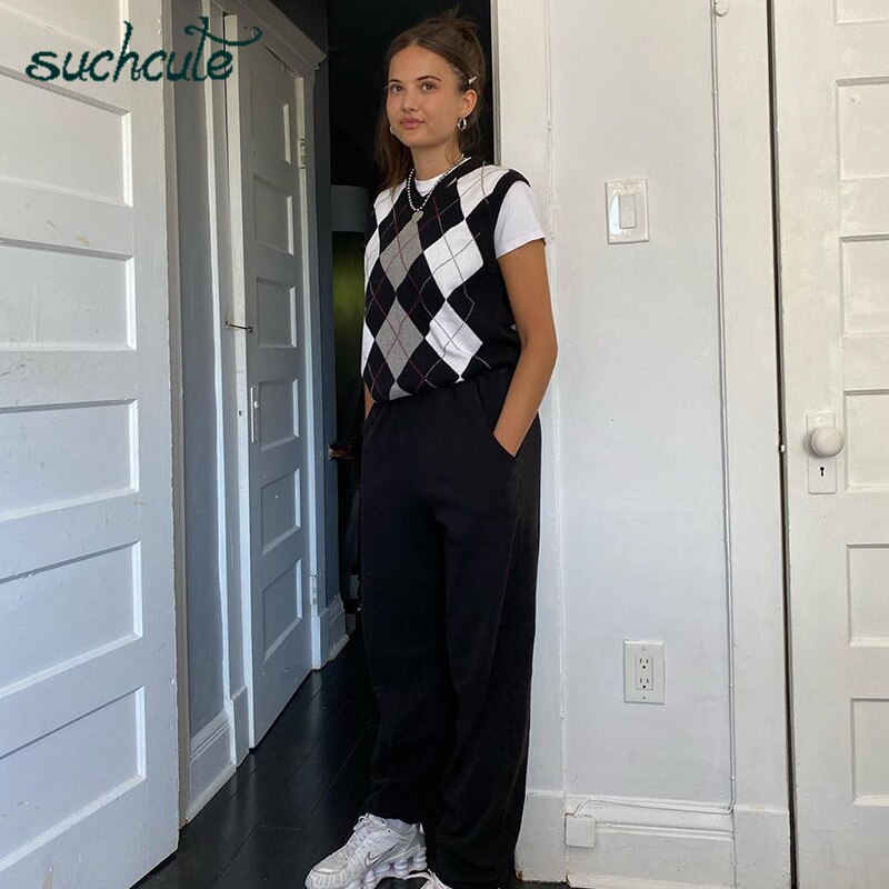 SUCHCUTE e girl Sweater Vest V Neck Argyle sleevelss Knitted Vests plaid Women y2k Preppy Style Crop Top Autumn sweet outfits