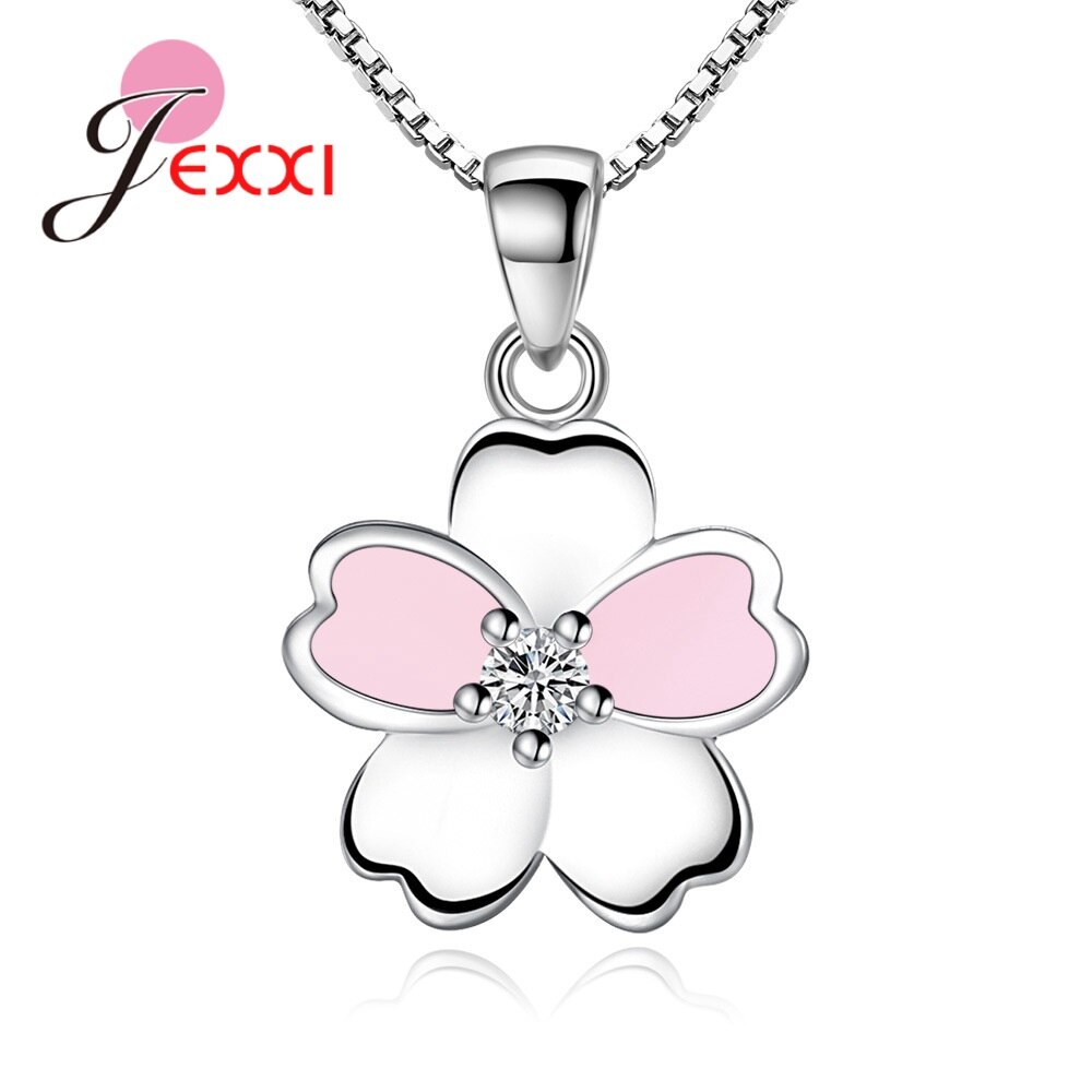 Nieuwkomers Kersenbloesems Bloem Ketting Oorbellen 925 Sterling Zilver Roze Glazuur Sakura Sieraden Sets Voor Mooie Dame: Necklace