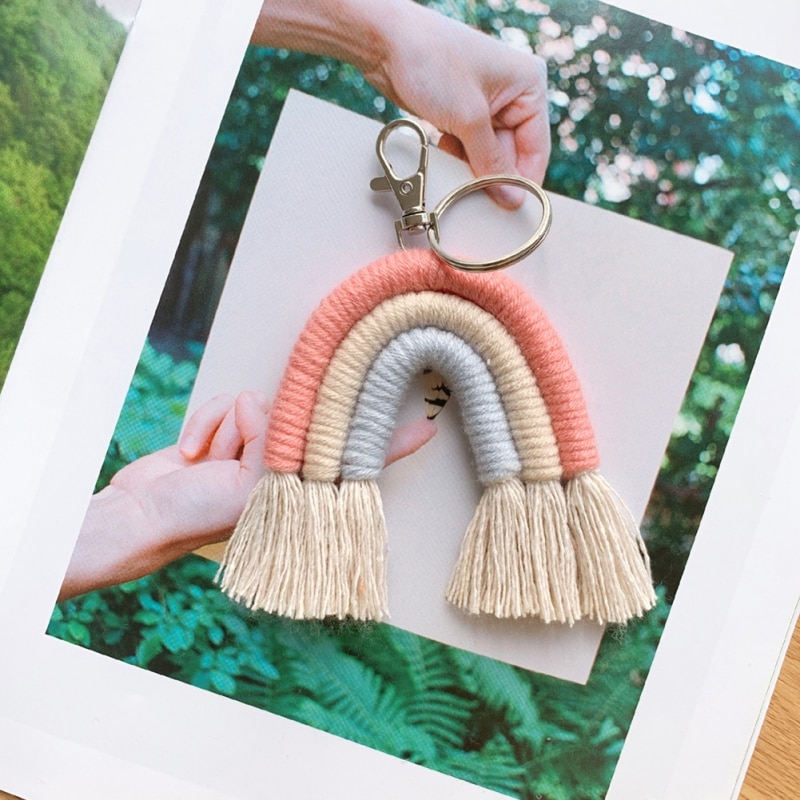 Macrame regnbue nøgleringe boho taske charms med kvaster håndvævet bomuldstilbehør til bilnøgle pung pung hængende dekoration