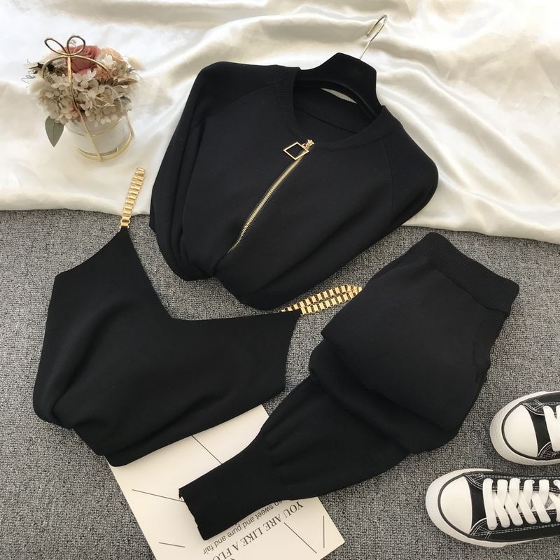 Efterårsstrikket sweater jakkesæt afslappet produkt temperament kædevest strikket jakke + elastiske bukser tredelte sæt  tz423