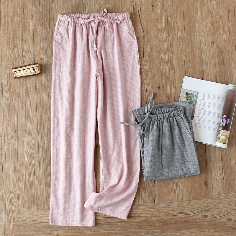 Women's Trousers Cotton Gauze Spring / Summer Thin Plaid Home Pants Loose Men Pajamas Elastic Waist Sleep Bottoms Lounge Pants
