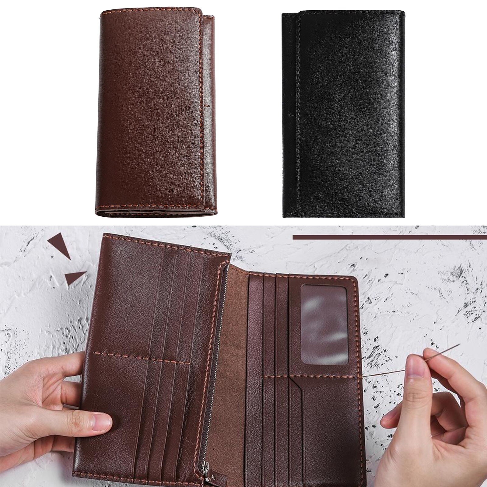 Handmade Leather Craft Purse Wallet Complete Kit, DIY Leather Long Bifold Wallet Kits for Men Women - 2 Colors Black/Brown