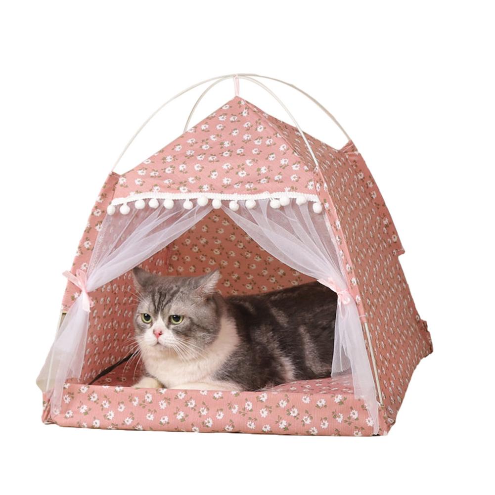Cat Nest Semi-Enclosed Cat Tent Pet Hut Shelter With Screen Door: Pink