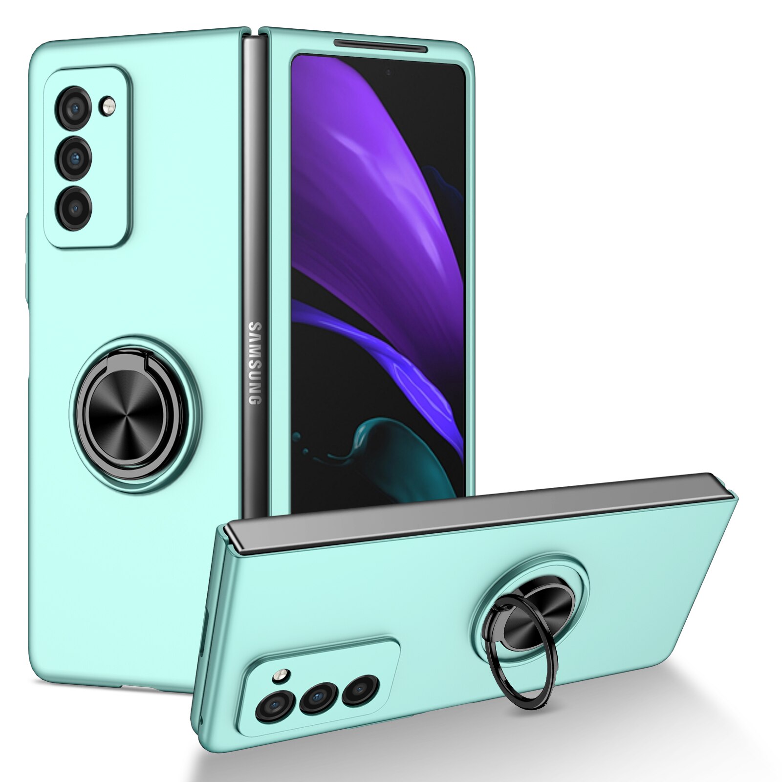 Odporny na wstrząsy metalowy pierścień Kickstand Case do Samsung Galaxy Z Fold 2 Fold2 5G Fold 3 Fold3 antypoślizgowa precyzyjna wycinanka pokrywa Capa: for Samsung Z Fold 3 / BŁĘKITNA