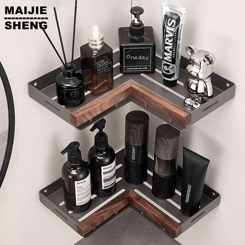 Badezimmer regal Eckraum Aluminium Holz Bad Dreieck Korb Duschraum Lager regal Wand montage