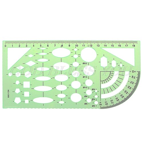 Plantilla geométrica para estudiantes, herramienta de medición con 9 reglas diferentes, círculos de plástico verde,: 4306