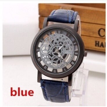 Business Skeleton Horloge Mannen Gravure Holle Reloj Hombre Jurk Quartz Horloge Lederen Band Vrouwen Klok: Blauw