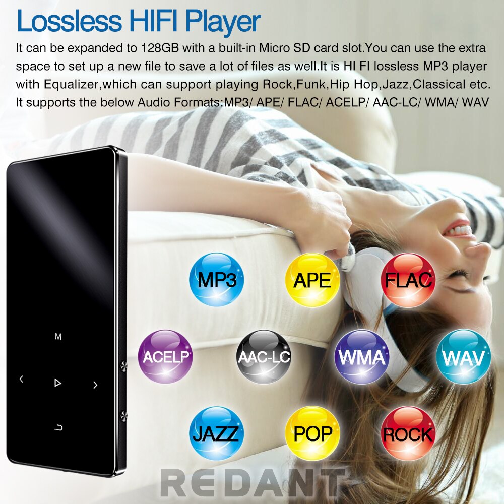 REDANT MP3 Lettore Bluetooth Con built-in Speaker da 1.8 pollici Dello Schermo di Tocco Tasti FM Radio Voice Recorder E-Book Lossless Musica Hifi