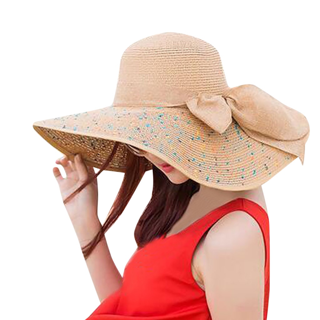 Women Colorful Big Brim Straw Hat Sun Floppy Wide Brim Hats Bowknot Folding Beach Cap Leopard Print women Summer hat: D
