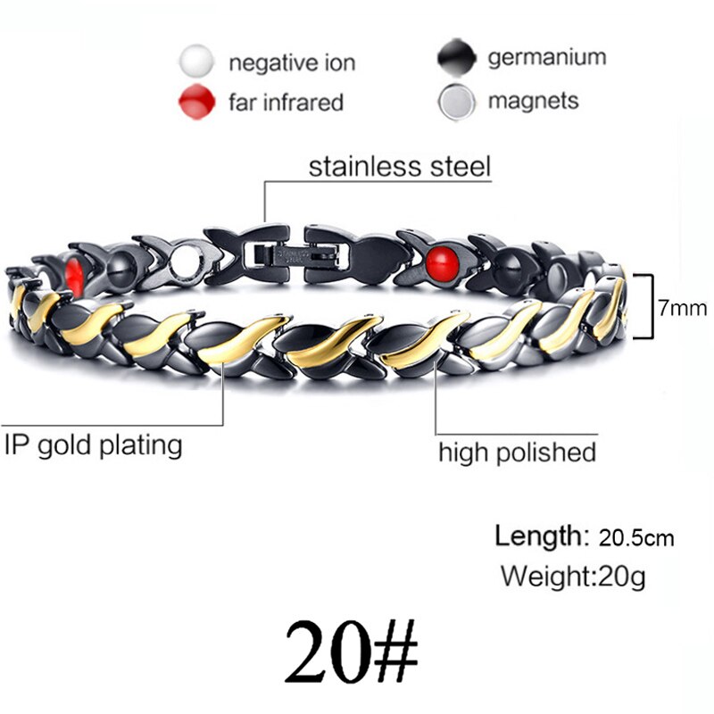 Frauen Männer magnetisch die Gesundheit Armband Schwarz Titan Stahl Energie Therapie 4 in1 Magnete Negativ Ionen Germanium Armreifen: 20