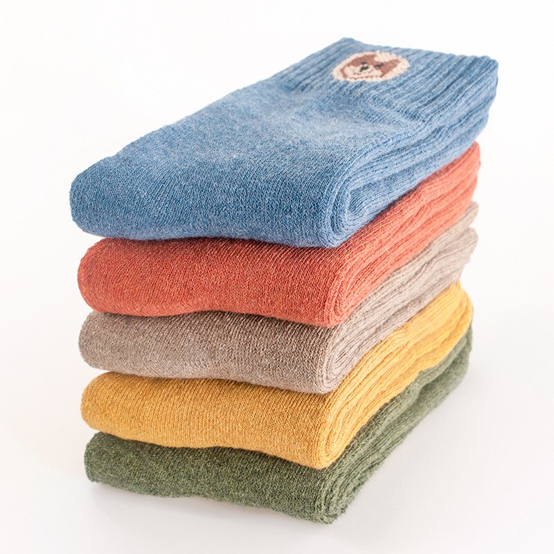 5 stuks/partij winterbadstof katoenen mix dikke warme sokken dames heren effen kleur bloemen hondenprint ademend casual crew sokken: B hond