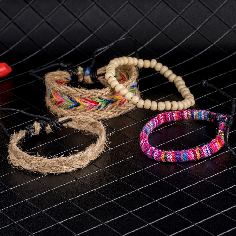 ALIUTOM 4PCS/Set Colorful Beaded Multilayer Handmade Hemp Rope Woven Bracelets Hippy Boho Embroidery Cotton Friendship Bracelets