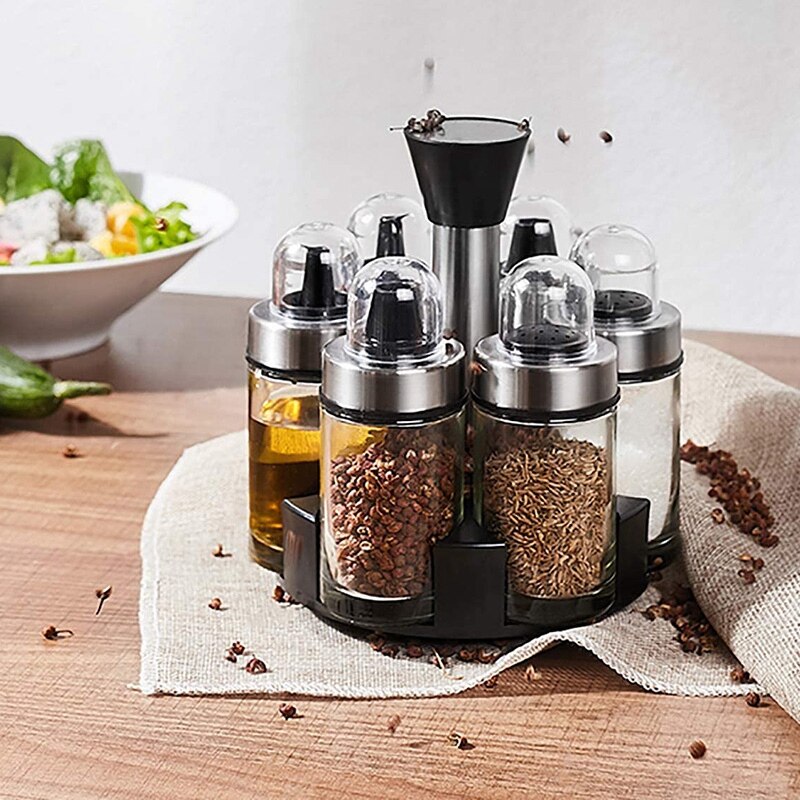 6 Flessen Olijfolie Azijn Dispenser En Zout Peper Shaker Set, Premium Glas Kruiderij Set Met Roterende Houder