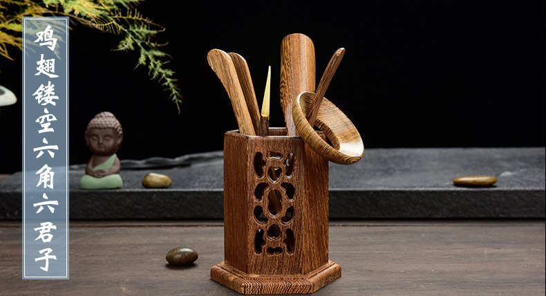 [GRANDNESS] Hexahedron Wenge Wood Cha Dao Set 6 Pieces Tea Utensils Chinese Kungfu Tea Ceremony ChaDao Tools Set