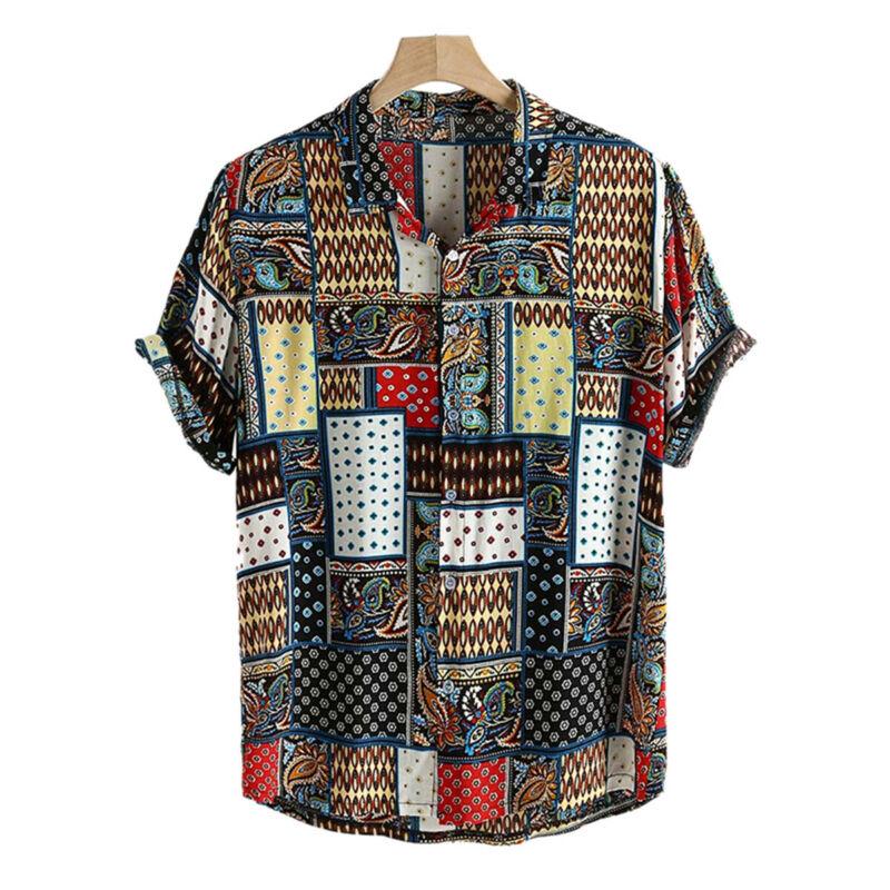 Herr strandskjortor kortärmade sommar boho casual hawaii-t-shirts herrkläder turn down krage skjorta: M