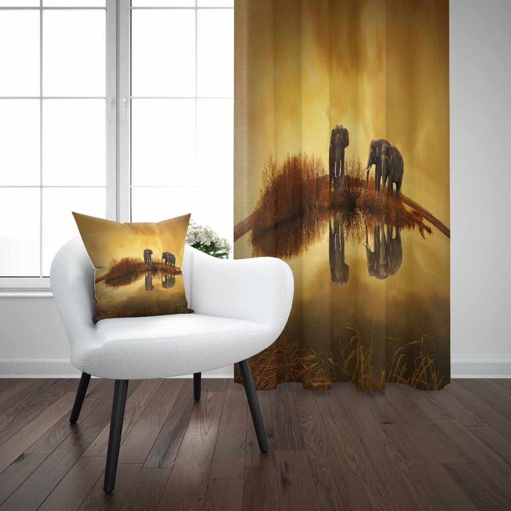 Anders Geel Zonsondergang Afrikaanse Olifanten in Rivier 3d Print Woonkamer Slaapkamer Raam Panel Gordijn Combineren Kussensloop