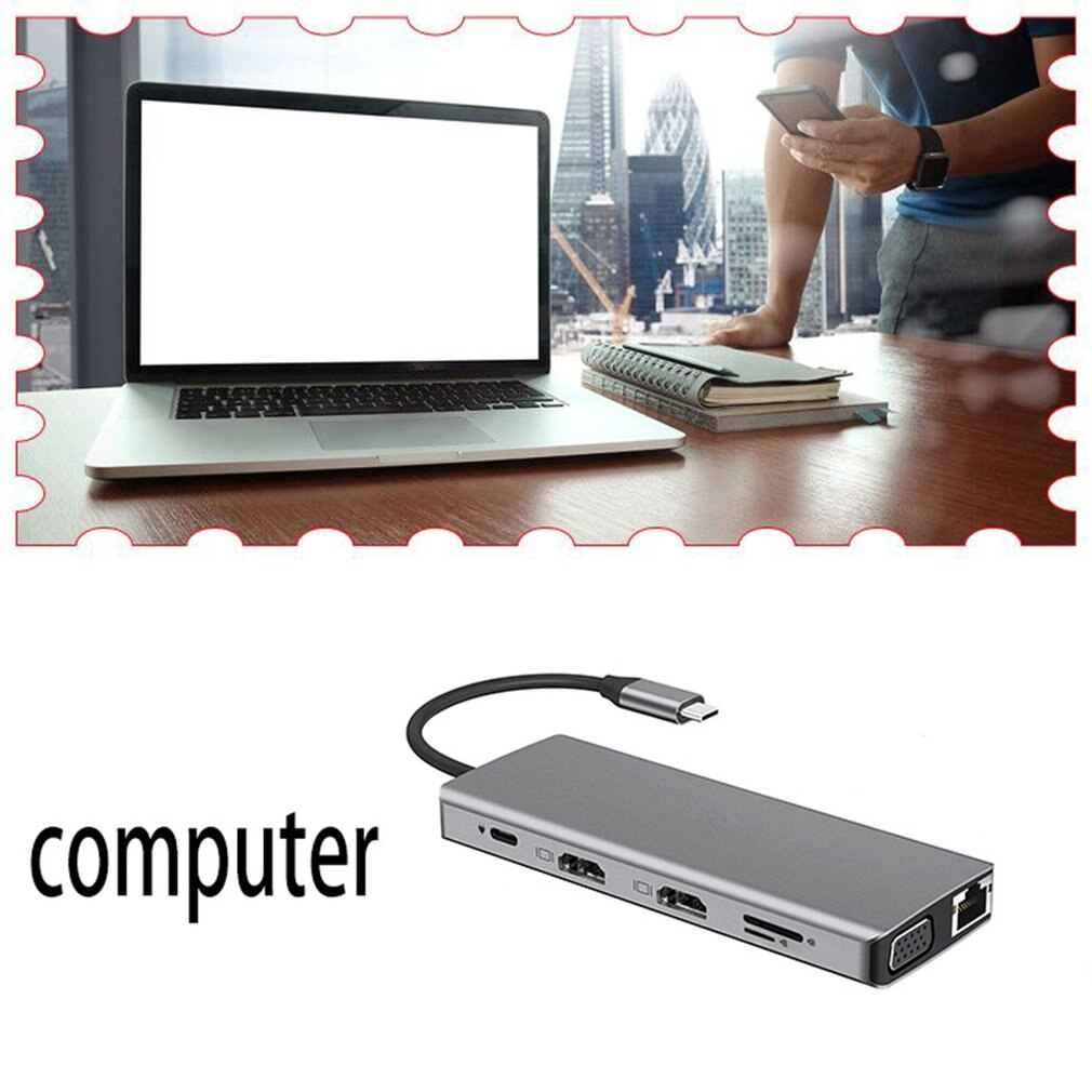 12 in usb type c dockingstation met dubbele 4k hdmi usb 3.0 usb 2.0 pd oplaad 3.5mm  rj45 aansluiting 1 dubbele tf/sd kaartsleuf usb