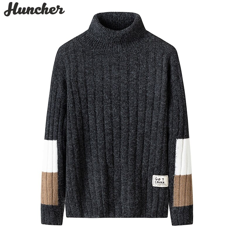 Huncher Heren Coltrui Mannen Slim Fit Herfst Winter Hoge Kraag Trui Koreaanse Patchwork Coltruien Zwarte Truien Voor Mannen