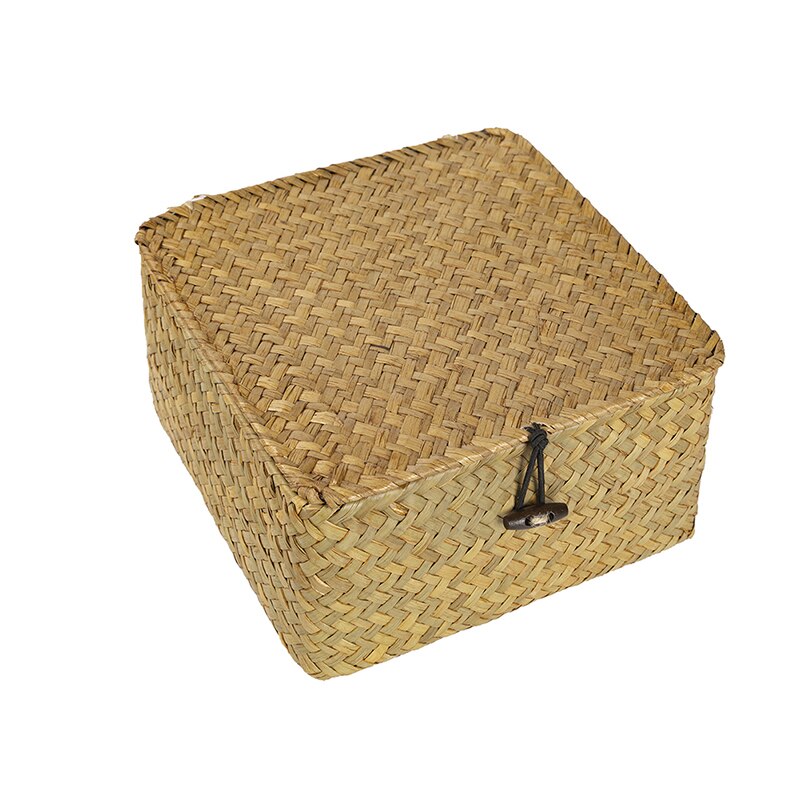 Rattan Storage Box with Lid Seagrass Woven Storage Basket Handmade Basket Cosmetic Wicker Container for Desktop Office Decor: S / orange box