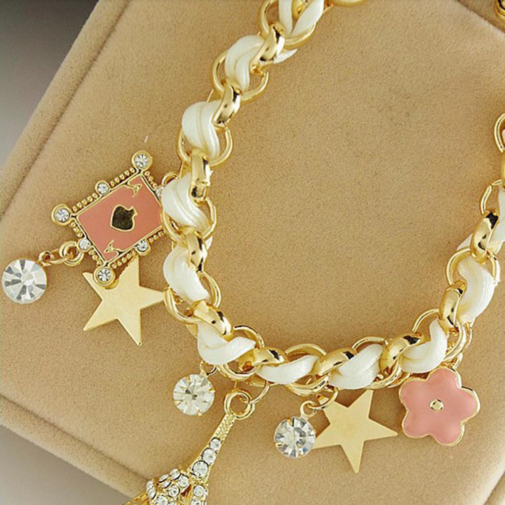 Women Flowers Bracelet chain Star Heart Paris Eiffel Tower Crown Poker Cute Bangle Leather Rope Chain Jewelery: white