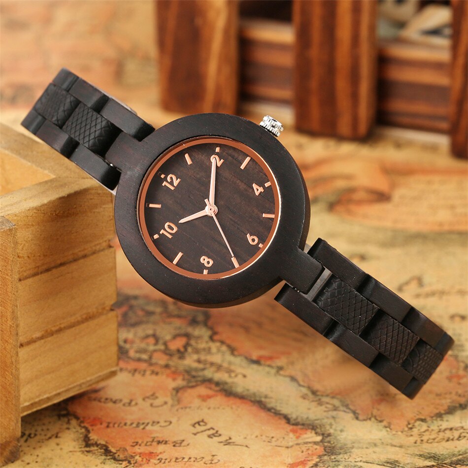 Ebbenhout Dame Armband Horloge Quartz Rose Goud Analoge Display Trendy Slim Volledige Houten Armband Vrouwelijke Horloges