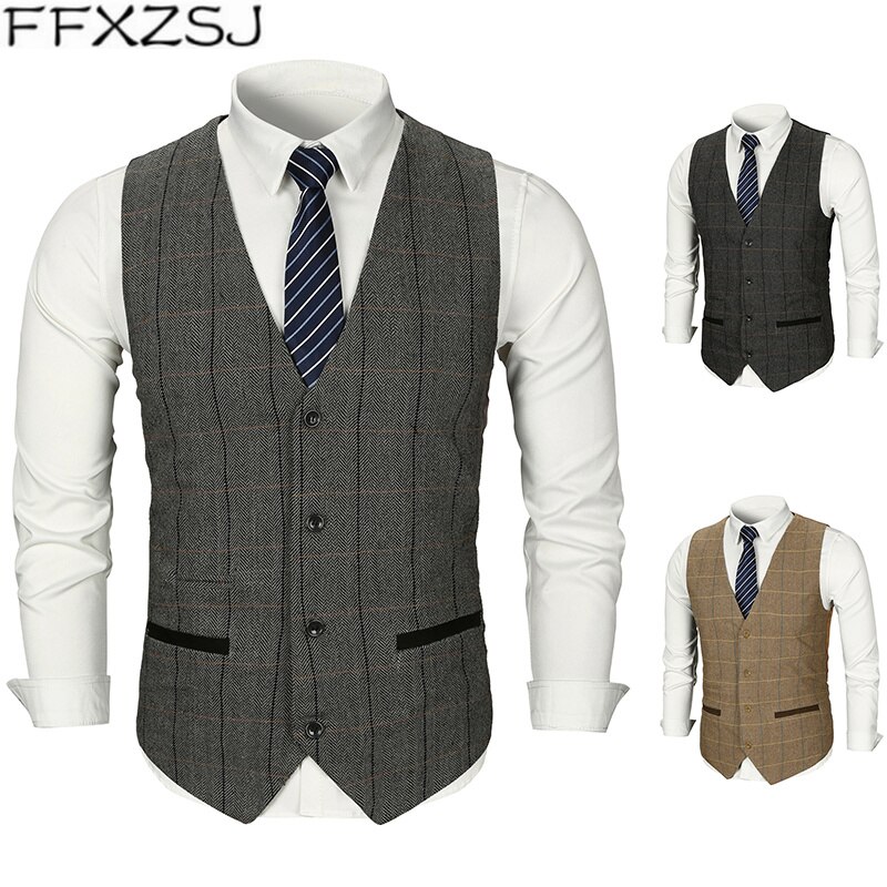 FFXZSJ Men Woolen Suit Vest Single Breasted Plaid Wedding Groom Slim Fit Vest Waistcoat Business Formal Vest for Men