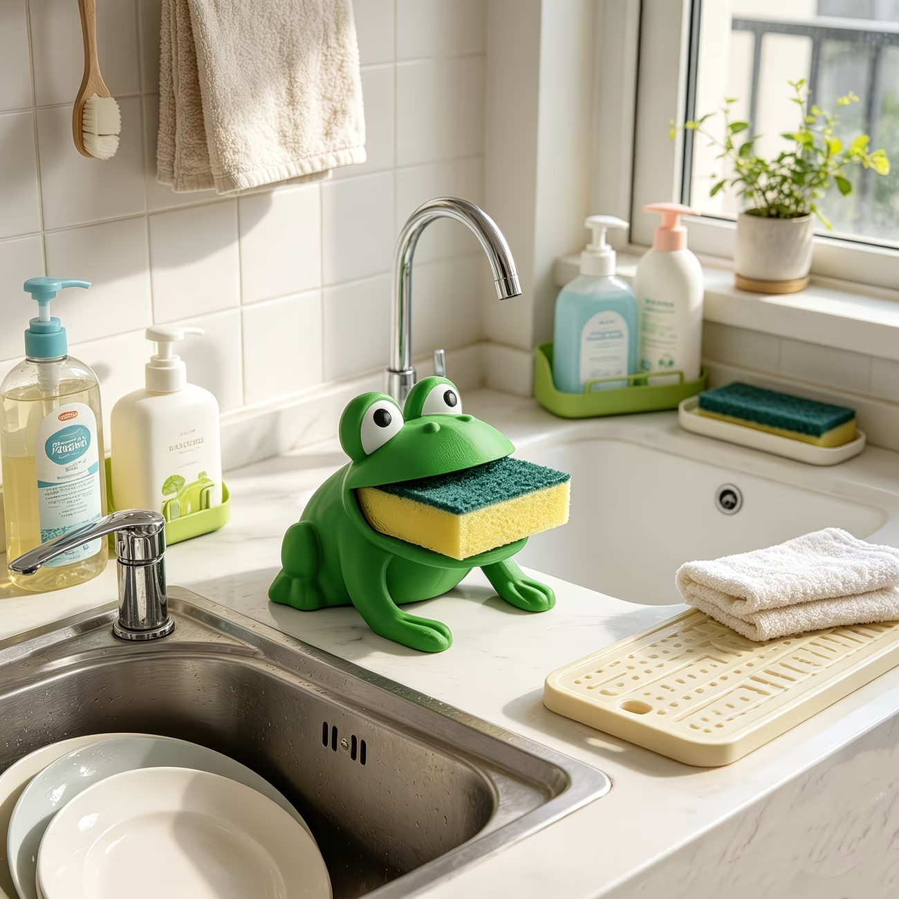 1PC kikkervormig sponsopbergrek, keukenafwasborstelrek, aanrechtblad voor het reinigen en afgieten van water