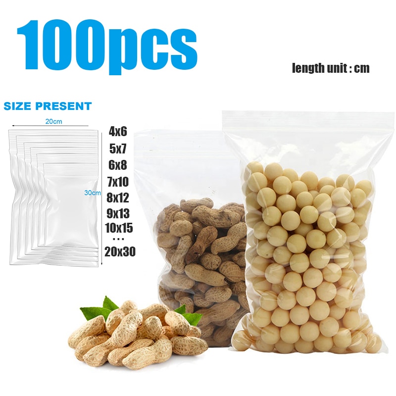 100 pçs fecho de correr sacos de plástico claro saco de armazenamento de alimentos pacote armário de cozinha organizador reclosable poli zip saco dropshipping