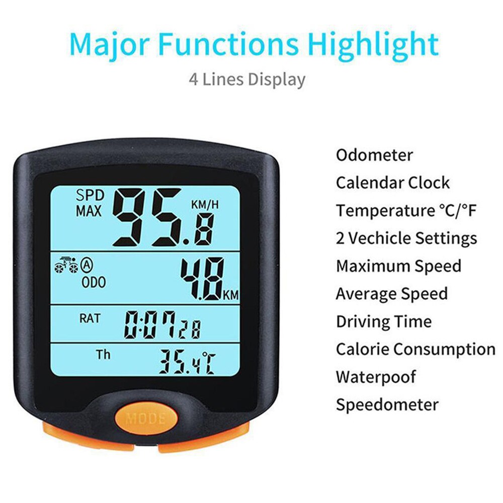 Bicycle Speedometer Bike Odometer Cycling Multi Function Waterproof Bike Computer 4 Line Display with Backlight YT-813 Cordless