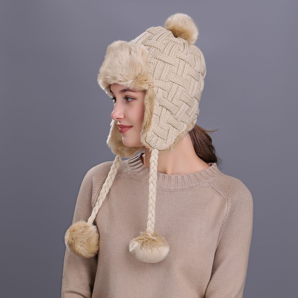 Vinterstrikkede beanies hatte kvinder tyk varm beanie øreklapper hat kvindelig strik uld motorhjelm beanie udendørs ridning sæt  #t1g