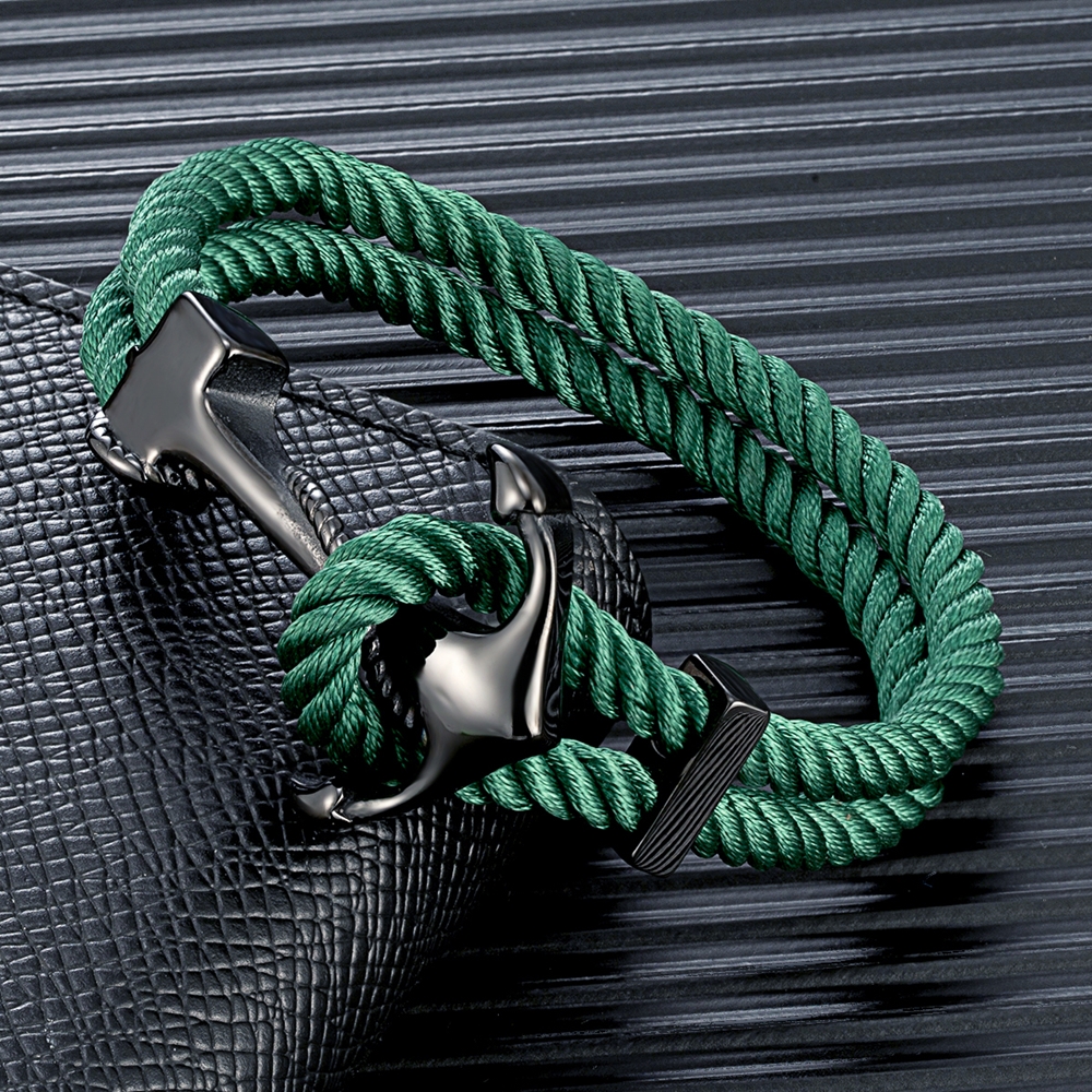 Black Anchor Bracelet for Men Women Double Layer Braided Survival Rope Bracelet Stainless Steel Handmade Woven Jewelry