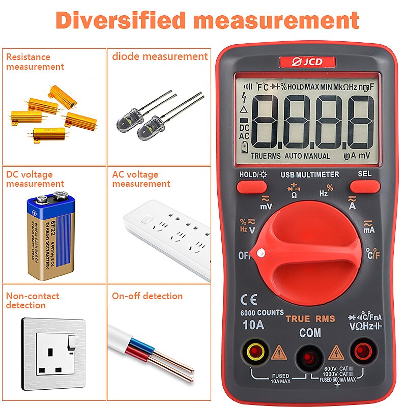 QHTITEC UM16 Digital Multimeter Auto Ranging TRMS 6000 Counts Volt Meter Measures Temperature Tester Tools with Backlight