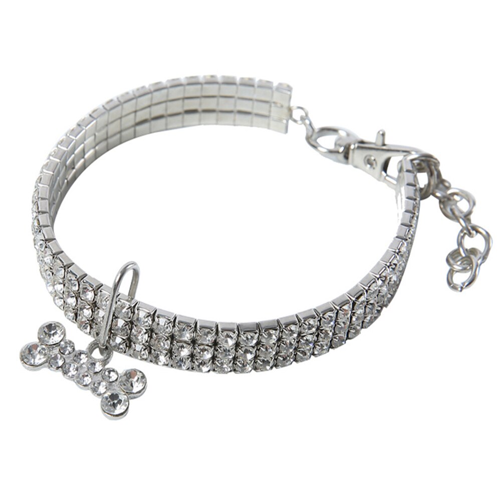 3 rijen diamanten hondenhalsband met juwelen en een hanger van bot, strass-kristalband, puppyhondenhalsband van leer: Wit / Ik