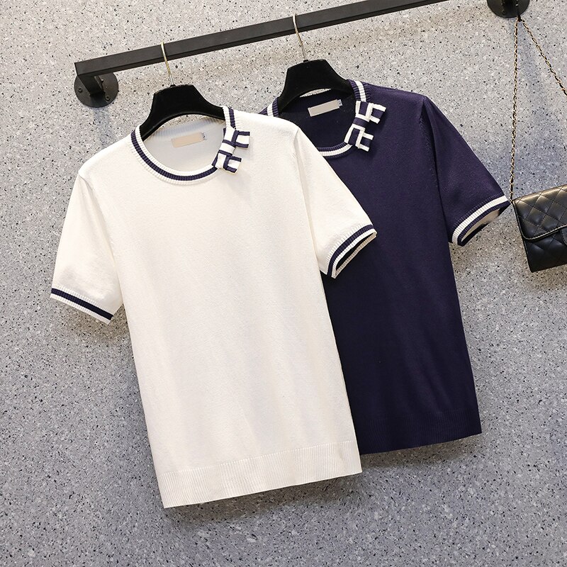 M-4XL Plus Size Vrouwen Boog Dunne Trui Korte Mouw O Nek Losse Casual Kint Oversized Vrouwelijke Trui Jumper T-shirt