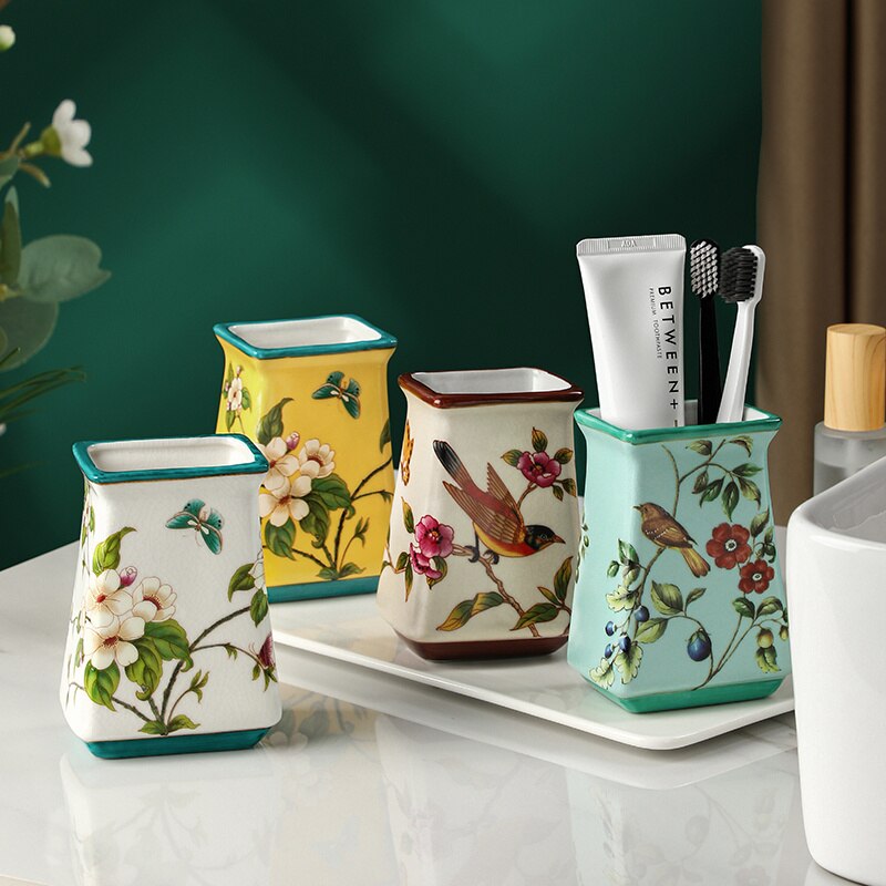 Ceramics Bathroom Set Liquid Soap Dish Toothbrush Holder/Rack Lover Gargle Cup Dental Jar Flowers &amp; Bird Pastoral Style
