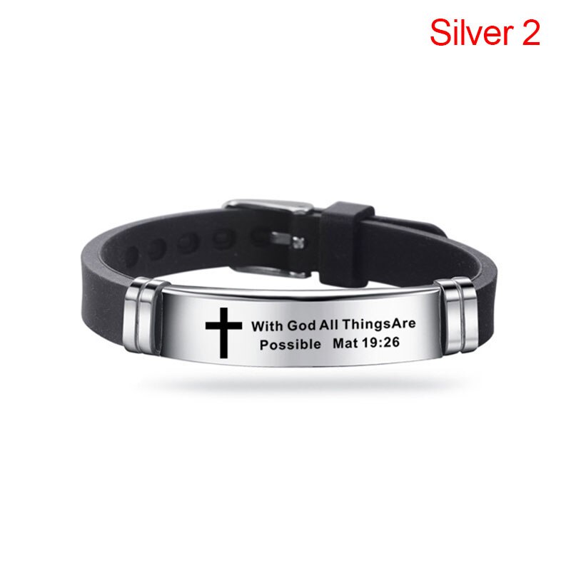 Cruz Biblia Cristiana hombres pulsera ajustable longitud pulseras de silicona pulsera escritura amor nunca falla joyería masculina: silver 2