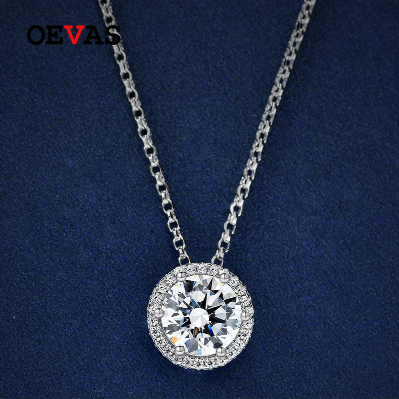 Oevas 100% 925 sterling silber halskette mit rundem anhänger aus hochwertigem diamanten für damen, funkelnder hochzeitsschmuck